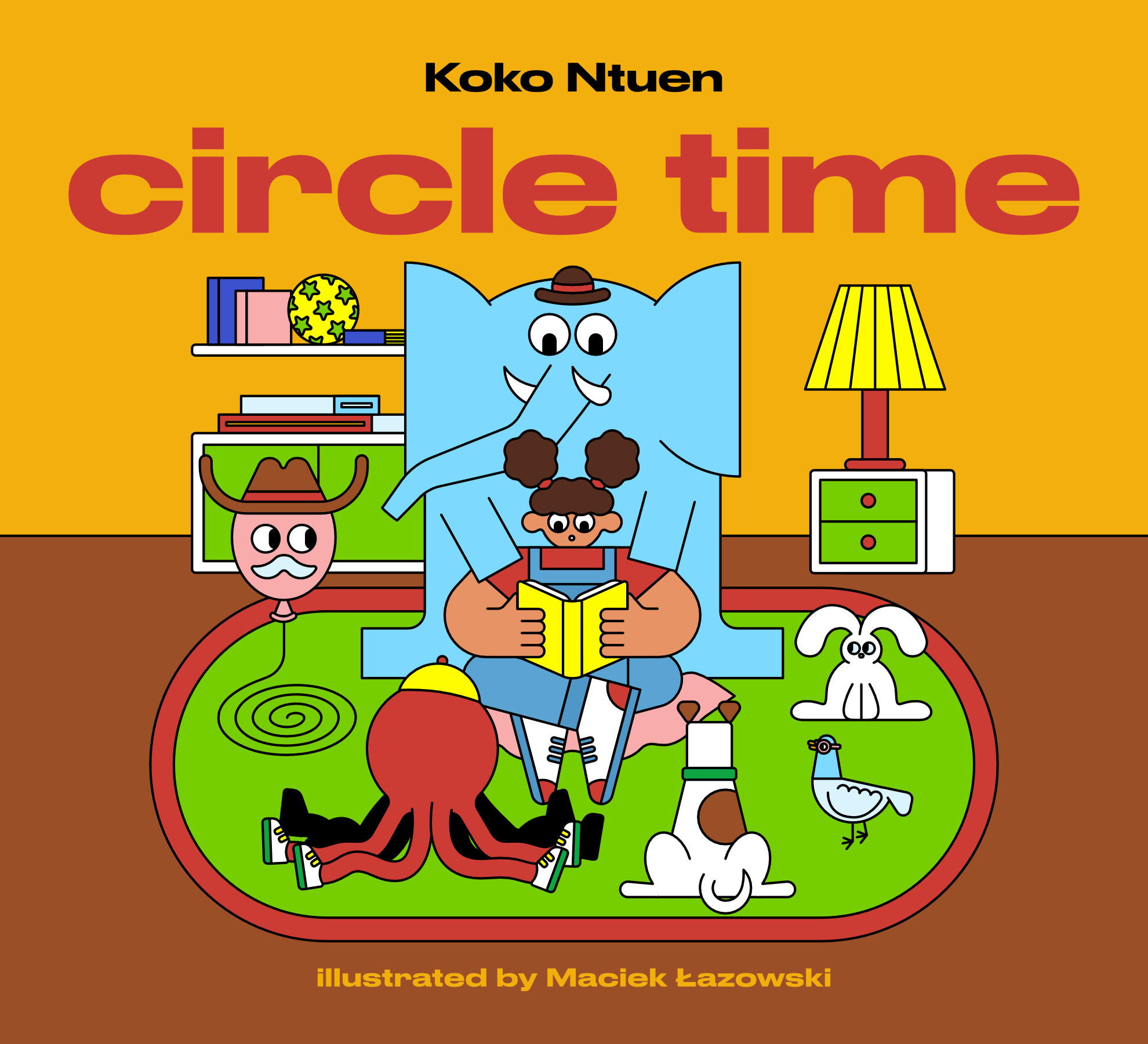 Colorful children's book cover titled 'Koko Ntuen circle time' with illustrations of an elephant, a girl, a dog, a rabbit, and various objects in a room.