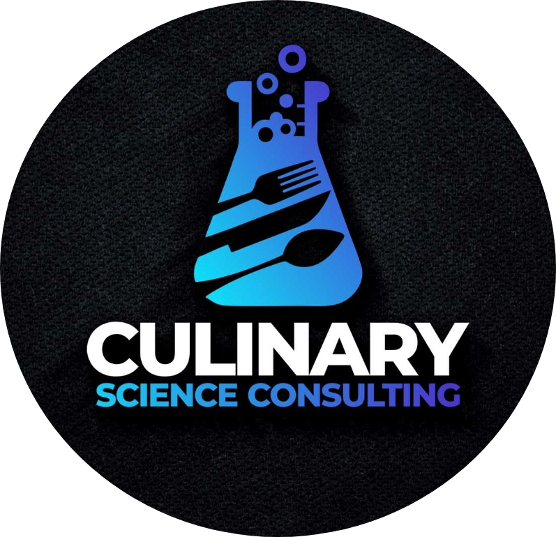 Logo for Culinary Science Consulting featuring a laboratory flask with cutlery inside, surrounded by bubbles, on a black textured background.