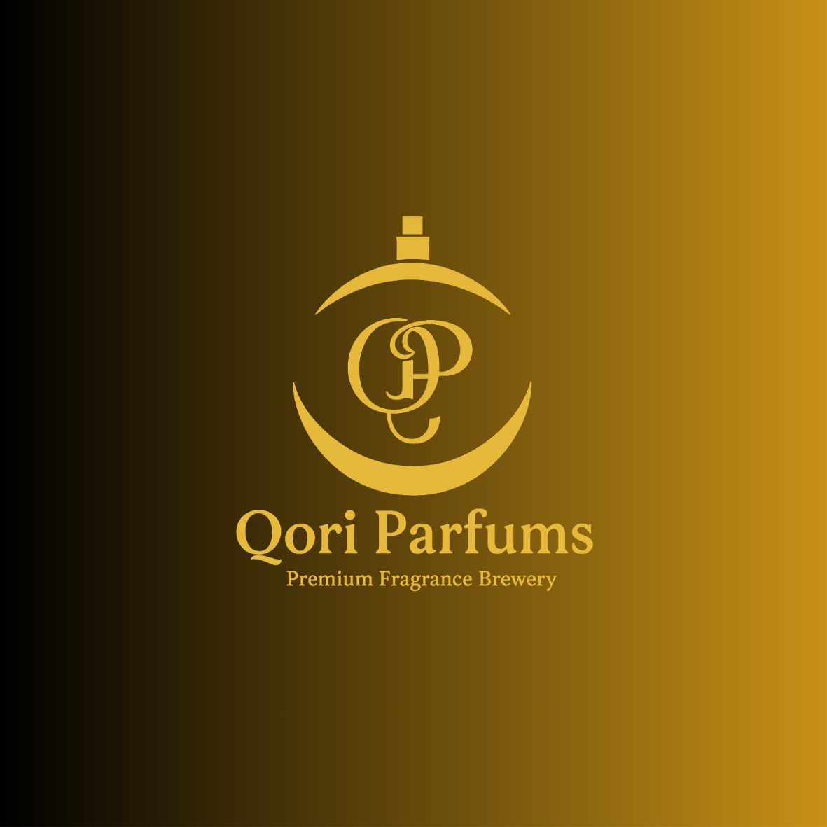 Gold and black logo for Qori Parfums, a premium fragrance brewery, featuring a perfume bottle silhouette with intertwined initials.