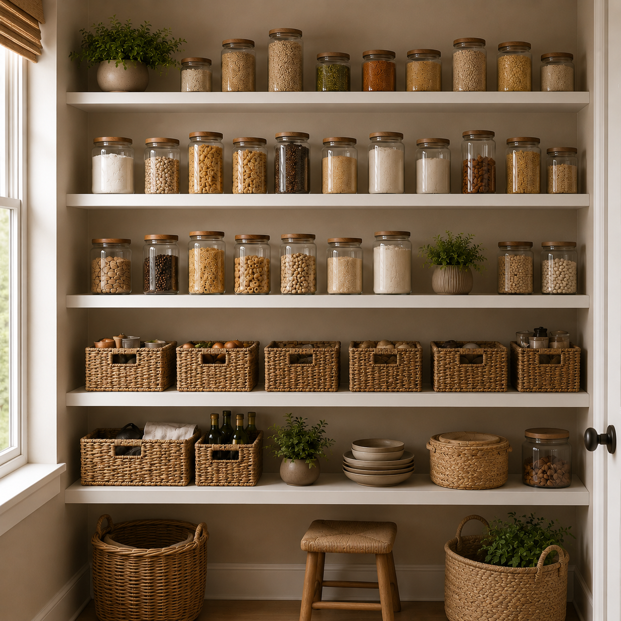 Custom pantry shelving with white shelves, glass jars, woven baskets, plants, and organized kitchen storage.