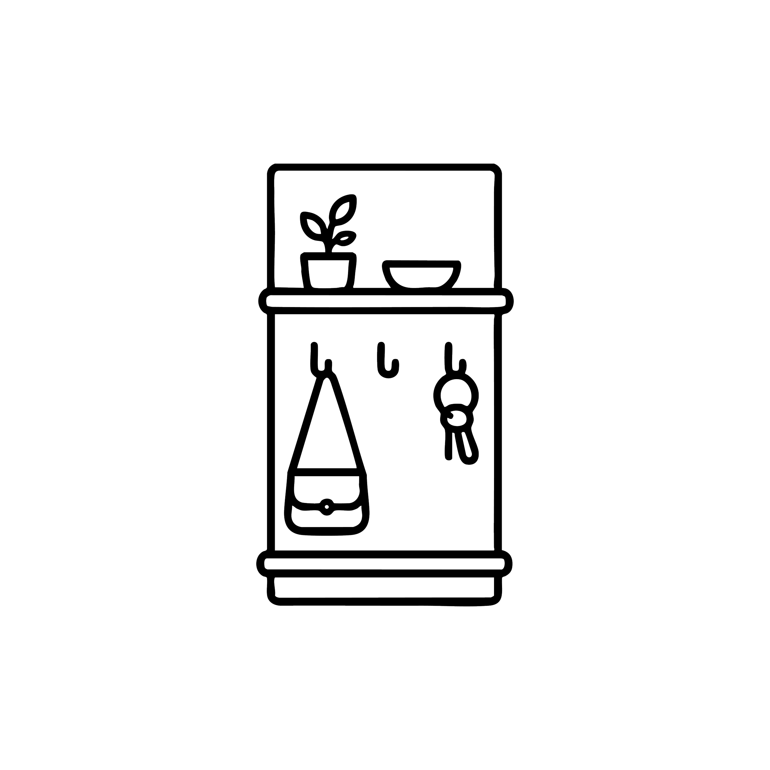 Black outline icon of entryway storage with a shelf, plant, and hooks.