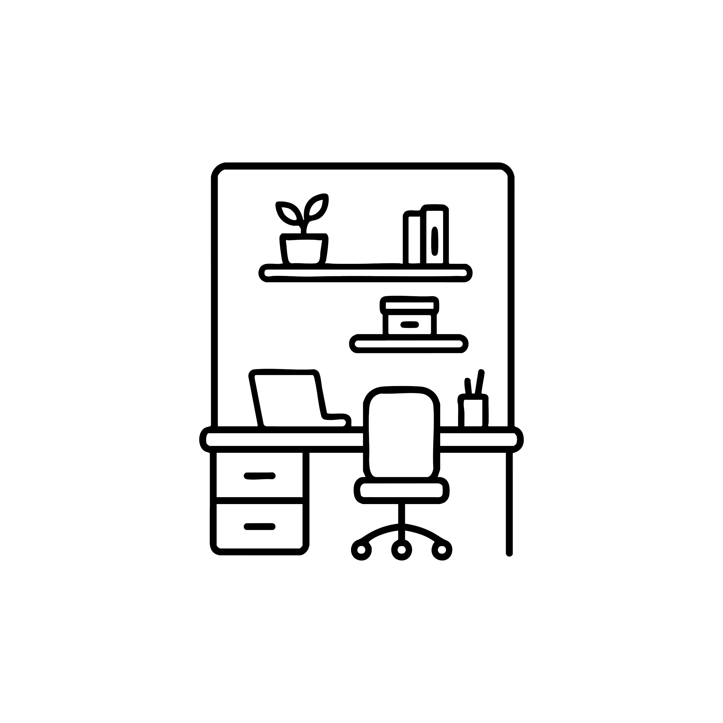 Black outline icon of a home office desk and chair.