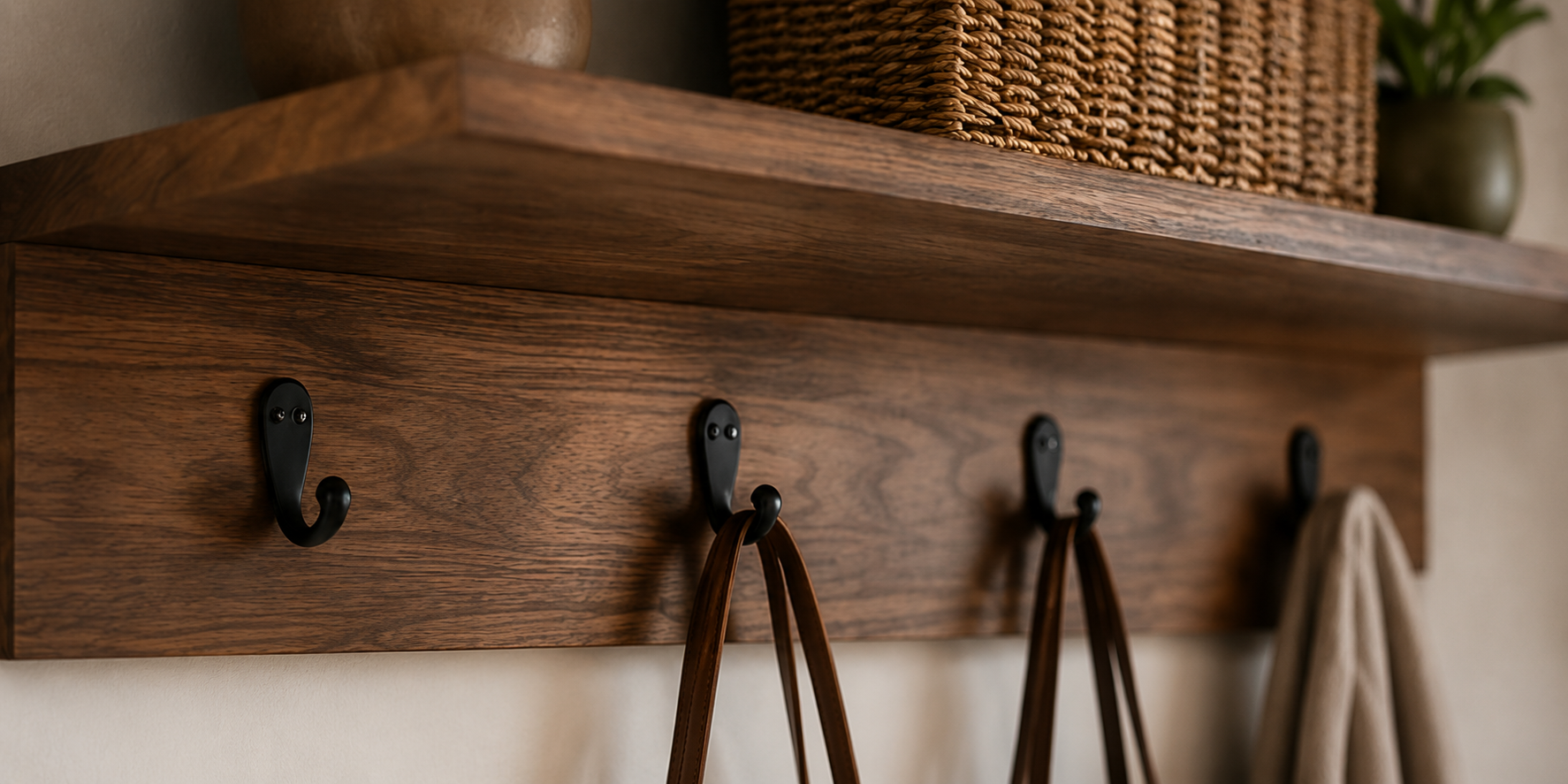 Close-up of a wooden wall-mounted coat rack with four black hooks, with two leather straps hanging from the hooks. A woven basket and plant are partially visible on a shelf above.
