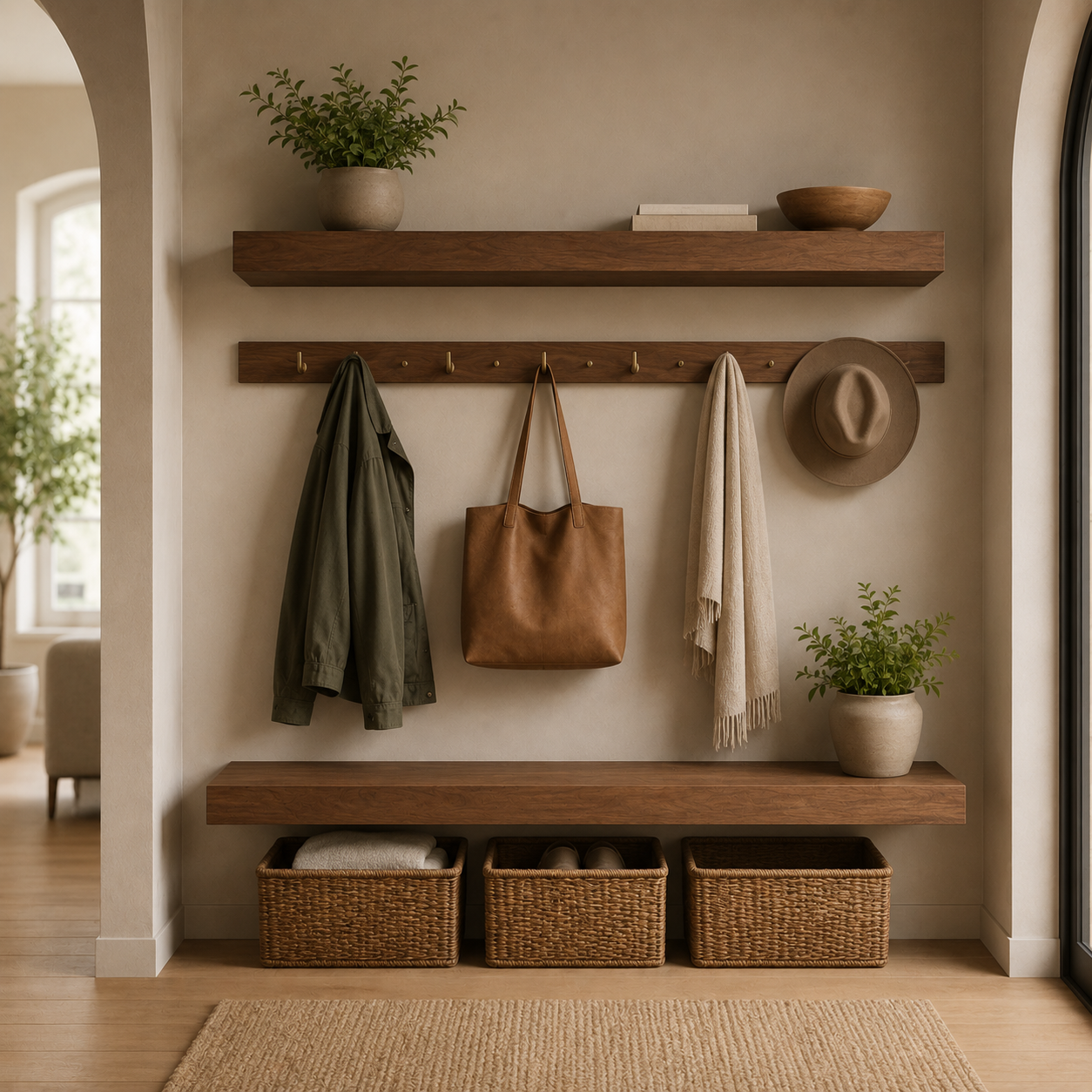 Entryway and mudroom organizer with wood shelves, hooks, baskets, coats, bags, and open storage.