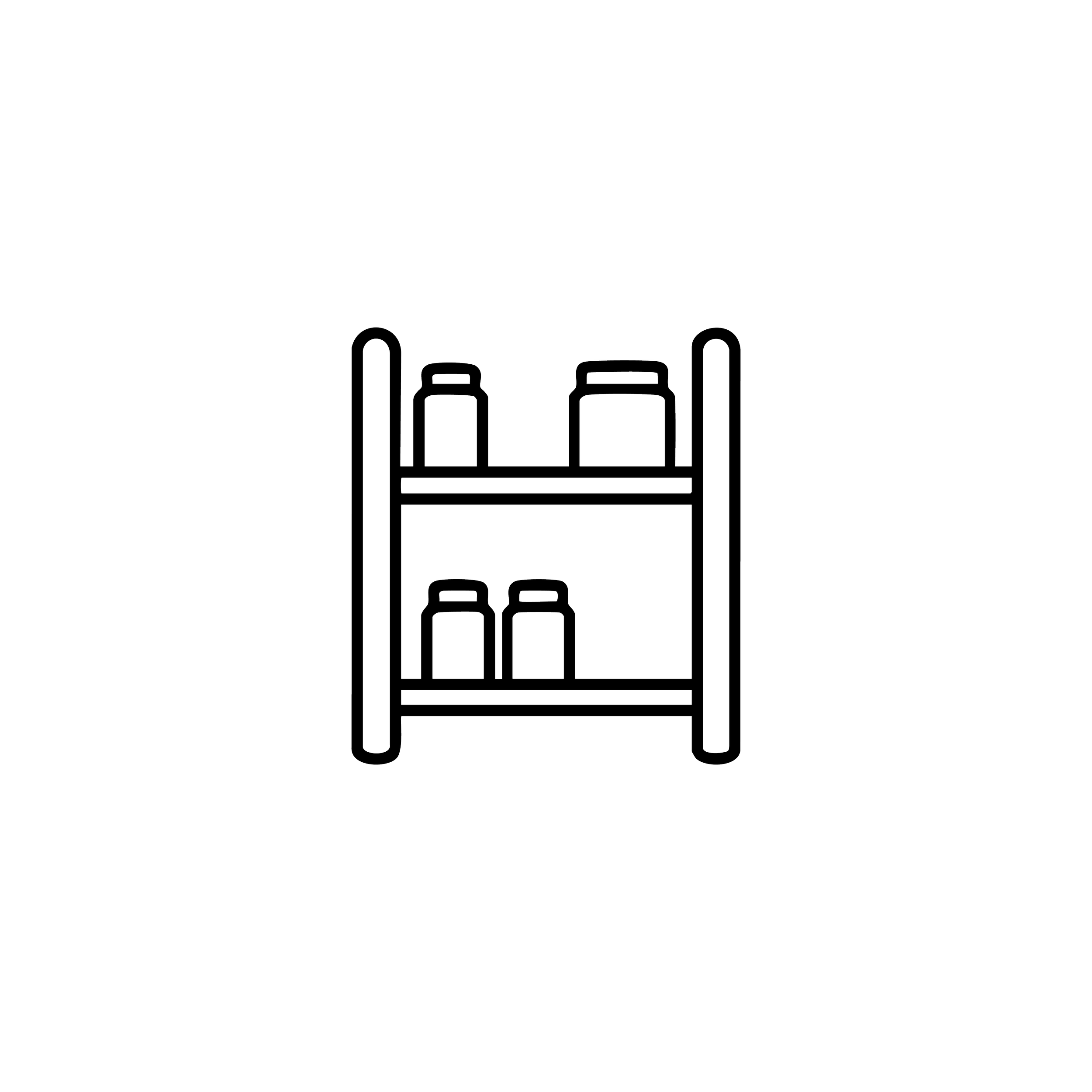 Black outline icon of pantry shelving with jars and kitchen storage items.