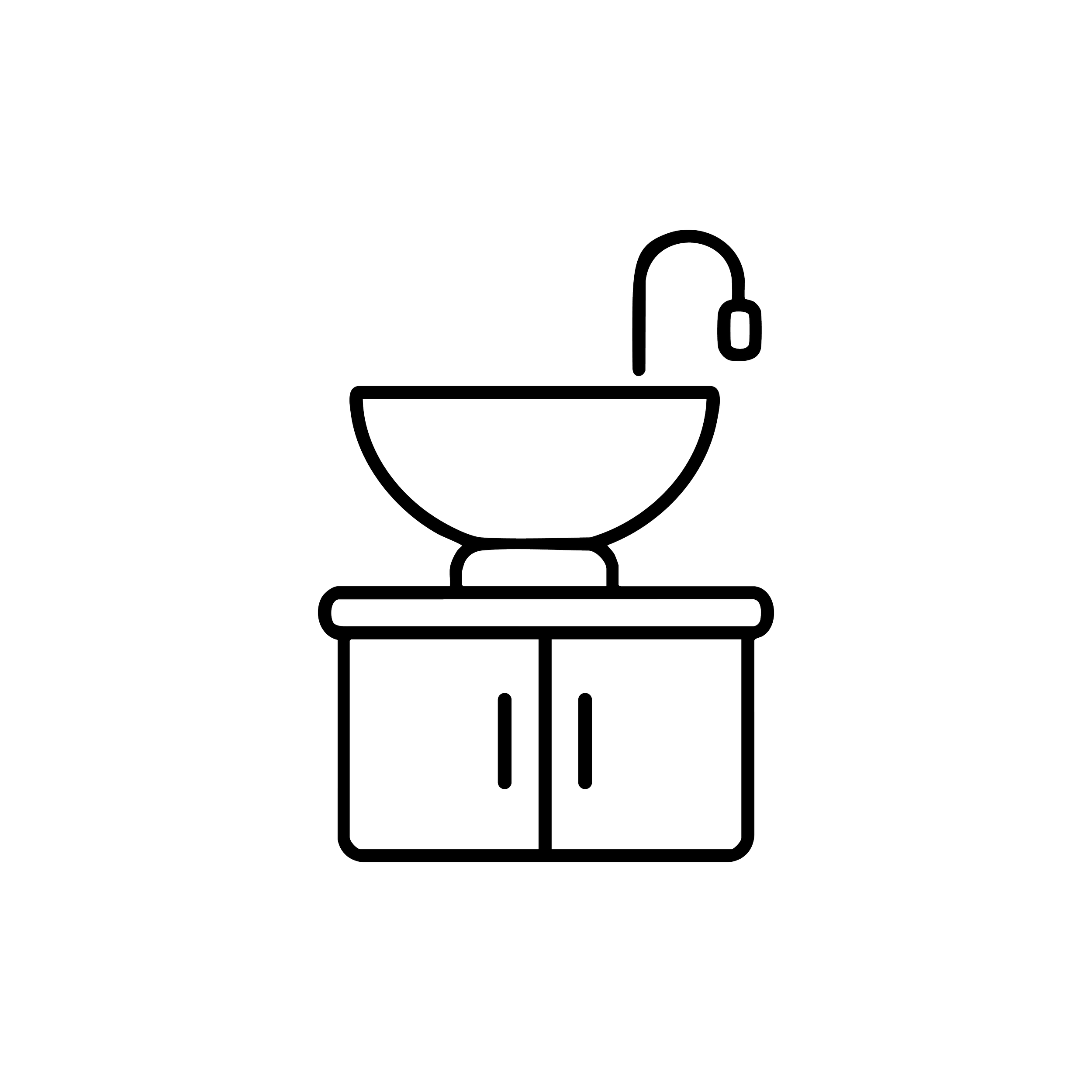 Black outline icon of a bathroom sink and vanity.