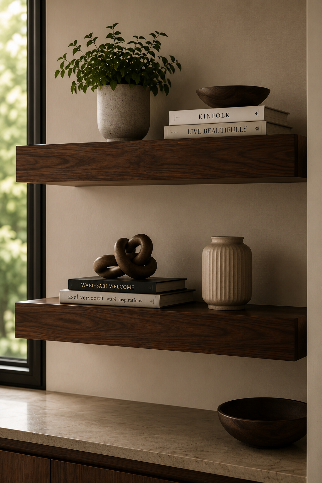 Decorative floating shelves with books, vases, plants, and warm interior styling.