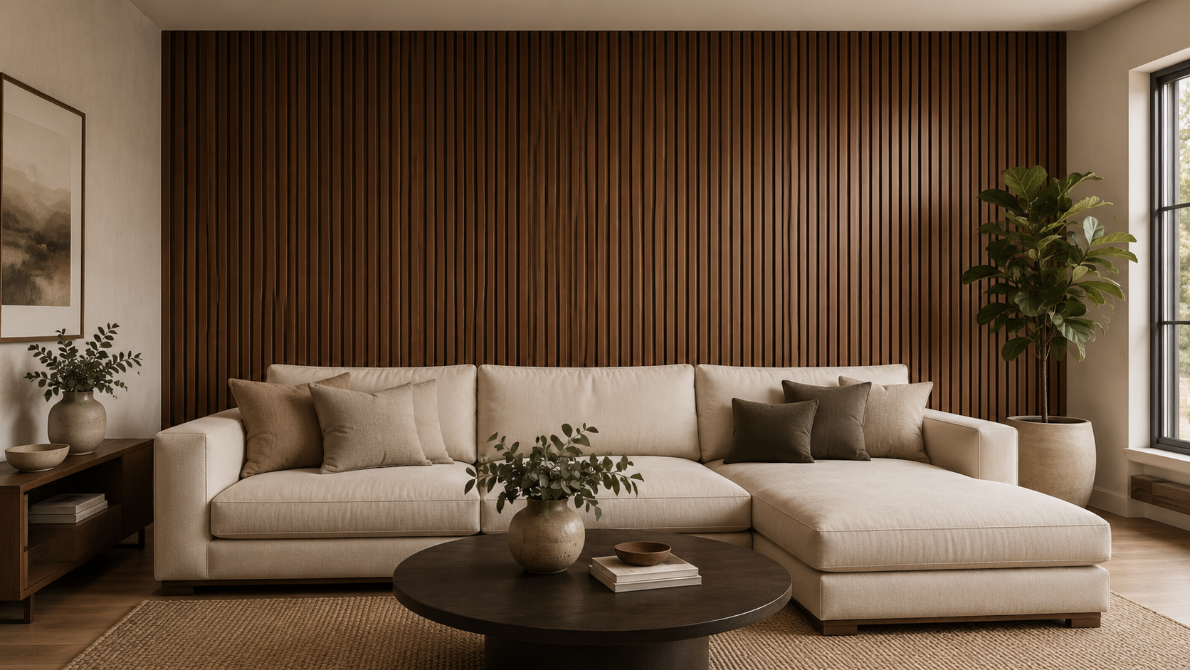 Modern living room with cream sectional sofa, dark throw pillows, wooden side table with potted plants, large window, green plant in large pot, and wooden paneled accent wall
