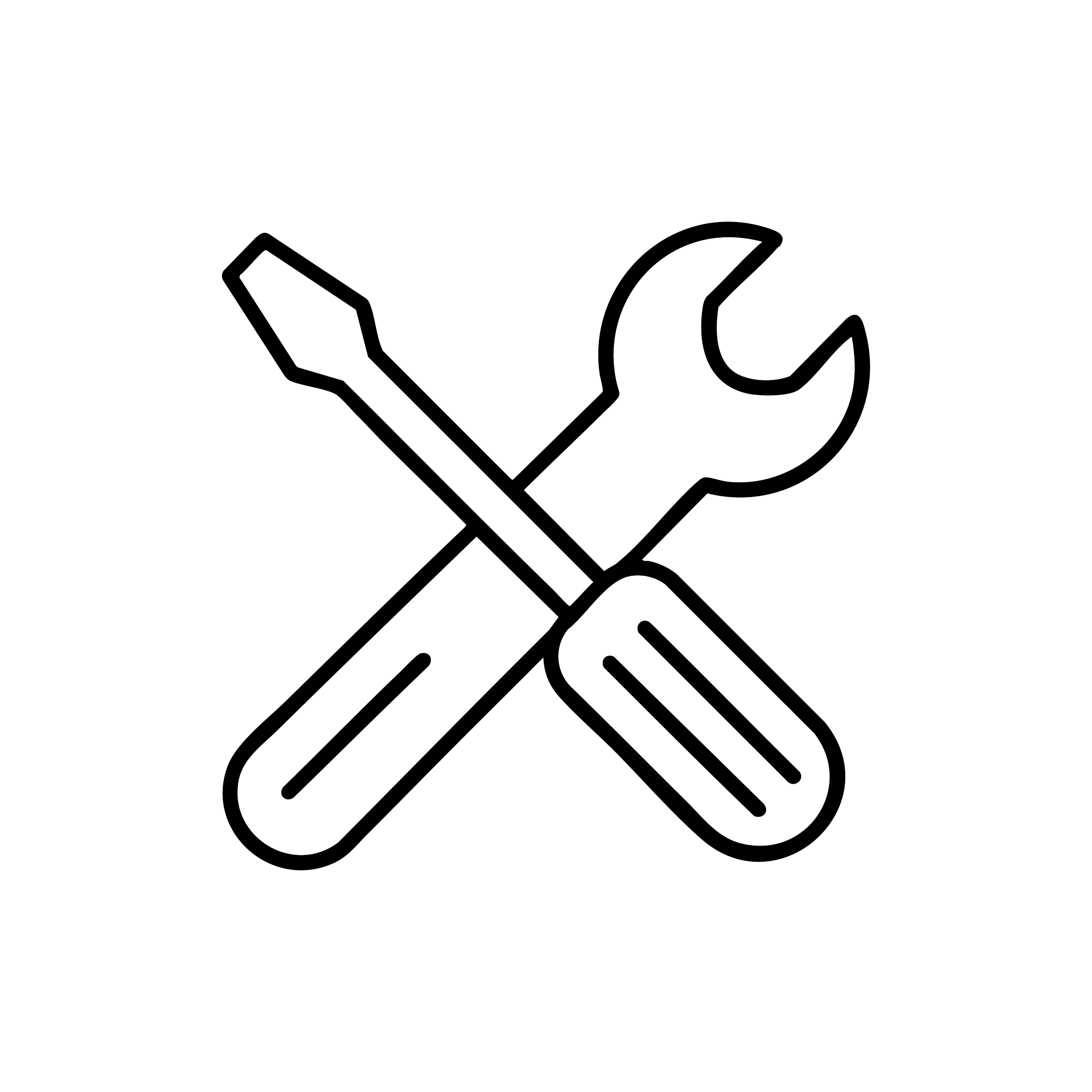 Line drawing of a wrench and a screwdriver crossing each other on a black background.