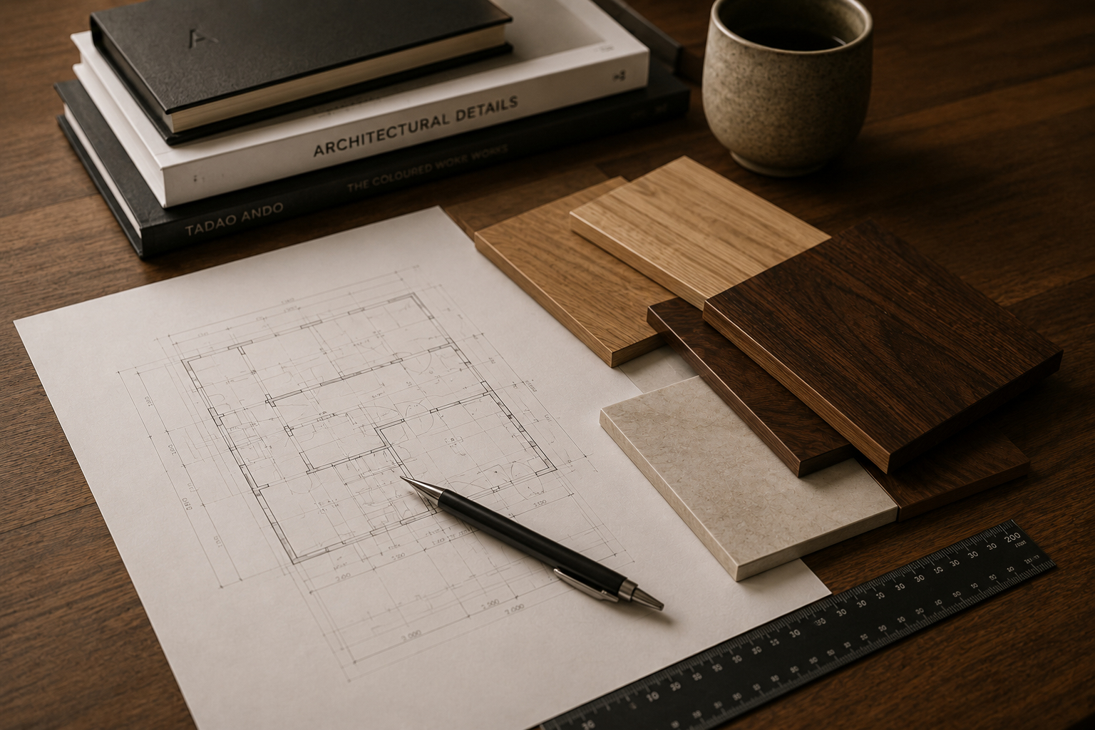 Architectural design plans with wood samples, ruler, pen, and material selections.