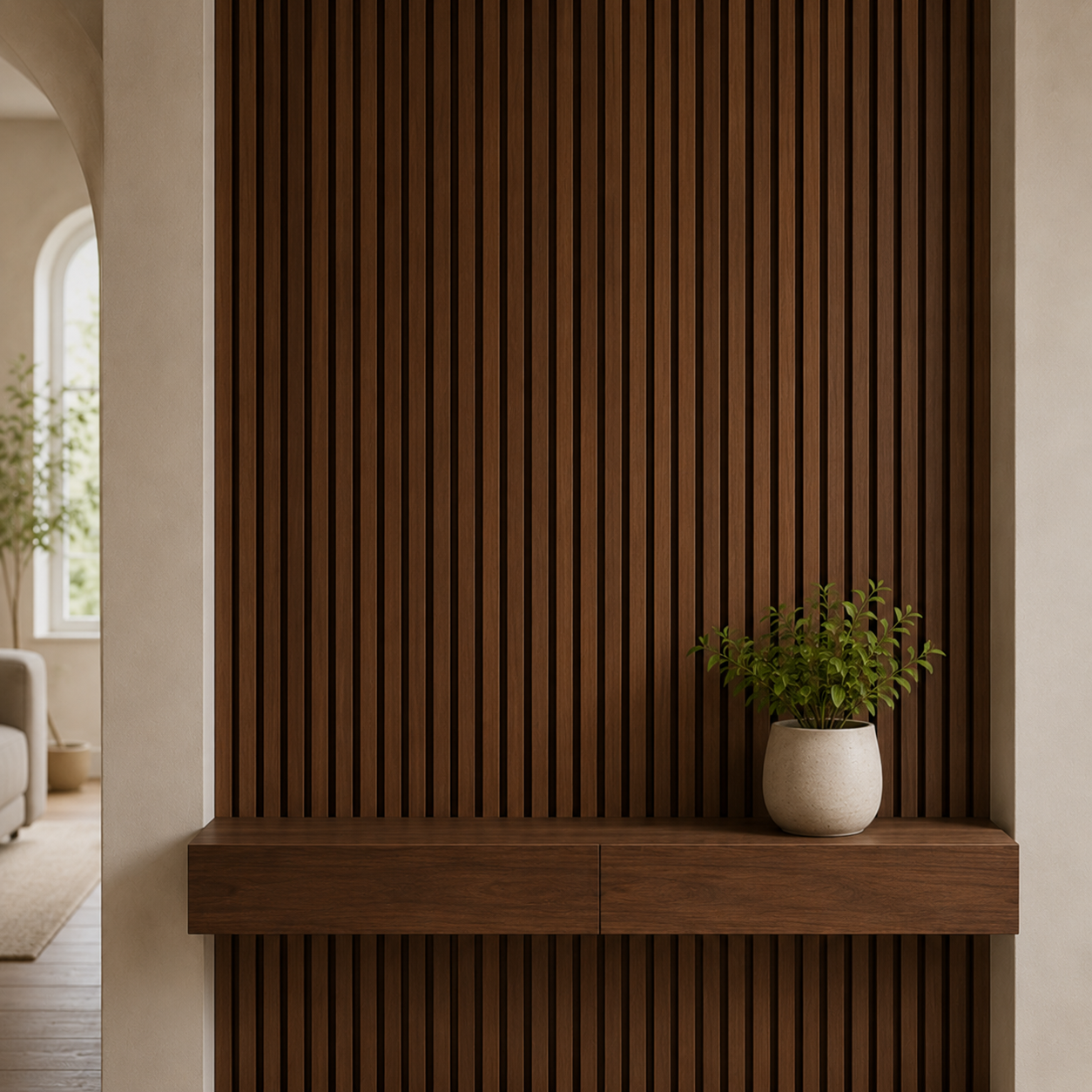 Architectural wood slat feature wall with floating shelf and potted plant.