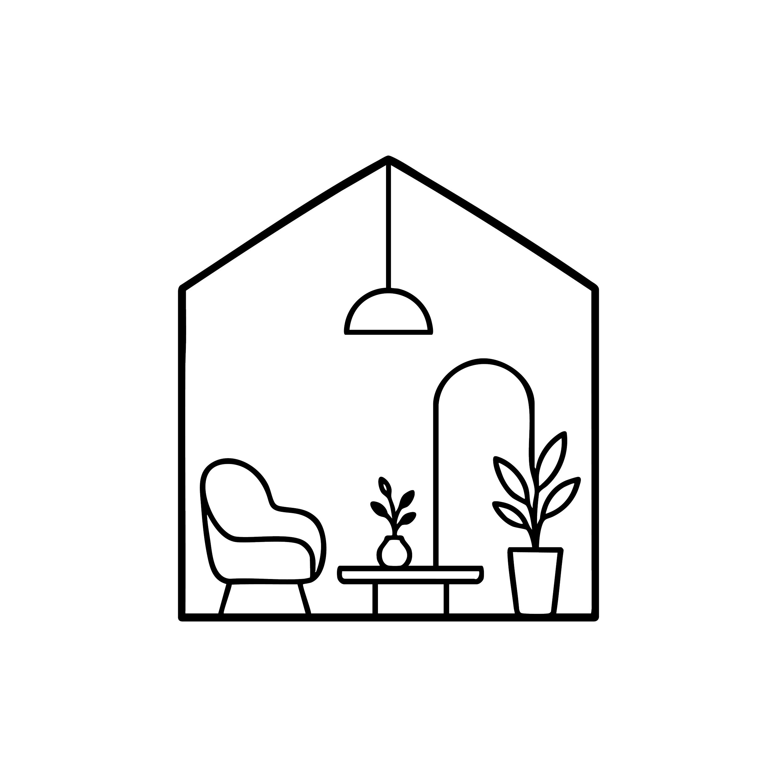 Outline drawing of a house with plants on either side.
