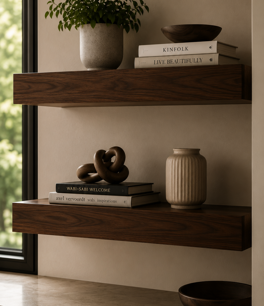 Walnut floating shelves with books, decor, plants, and warm interior styling.