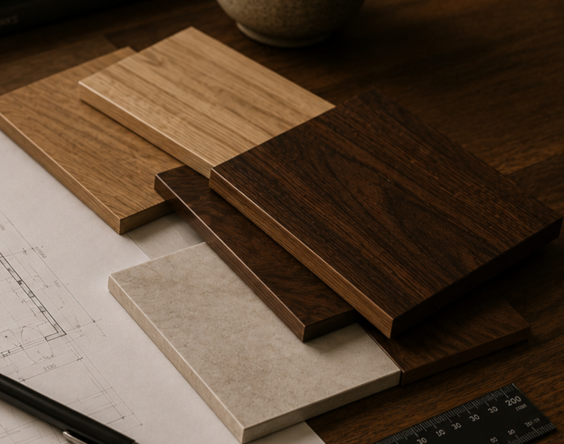 Samples of different wood and stone flooring tiles on a table with architectural plans and a pencil.