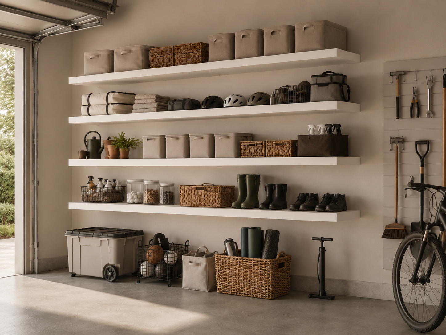 Garage storage with shelves holding storage bins, helmets, towels, plants, sports equipment, and gardening tools. Bicycles and cleaning supplies are also visible.
