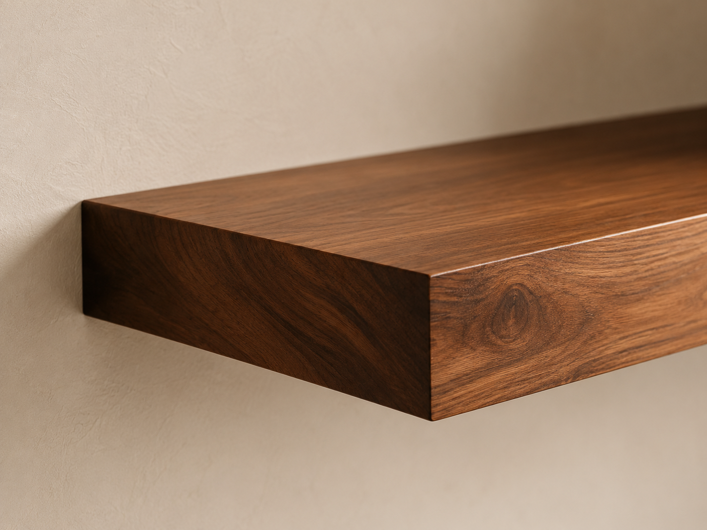 Walnut wood floating shelf mounted on a beige wall with a clean architectural profile.