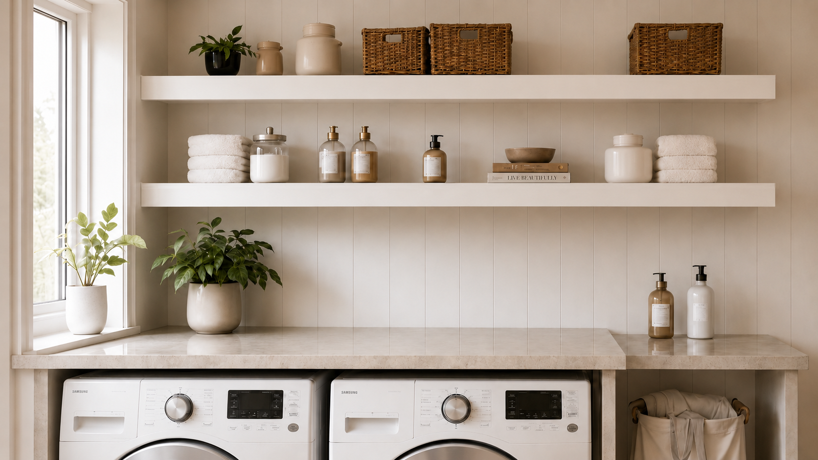 Laundry room shelving with white shelves, folded towels, storage baskets, and organized utility items.