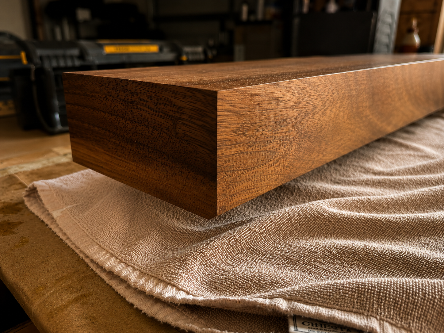 Close-up of a finished wood shelf detail with smooth craftsmanship and warm grain.