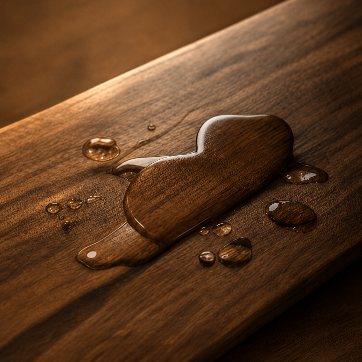 A wooden spatula resting on a wooden surface with spilled cooking oil around it.