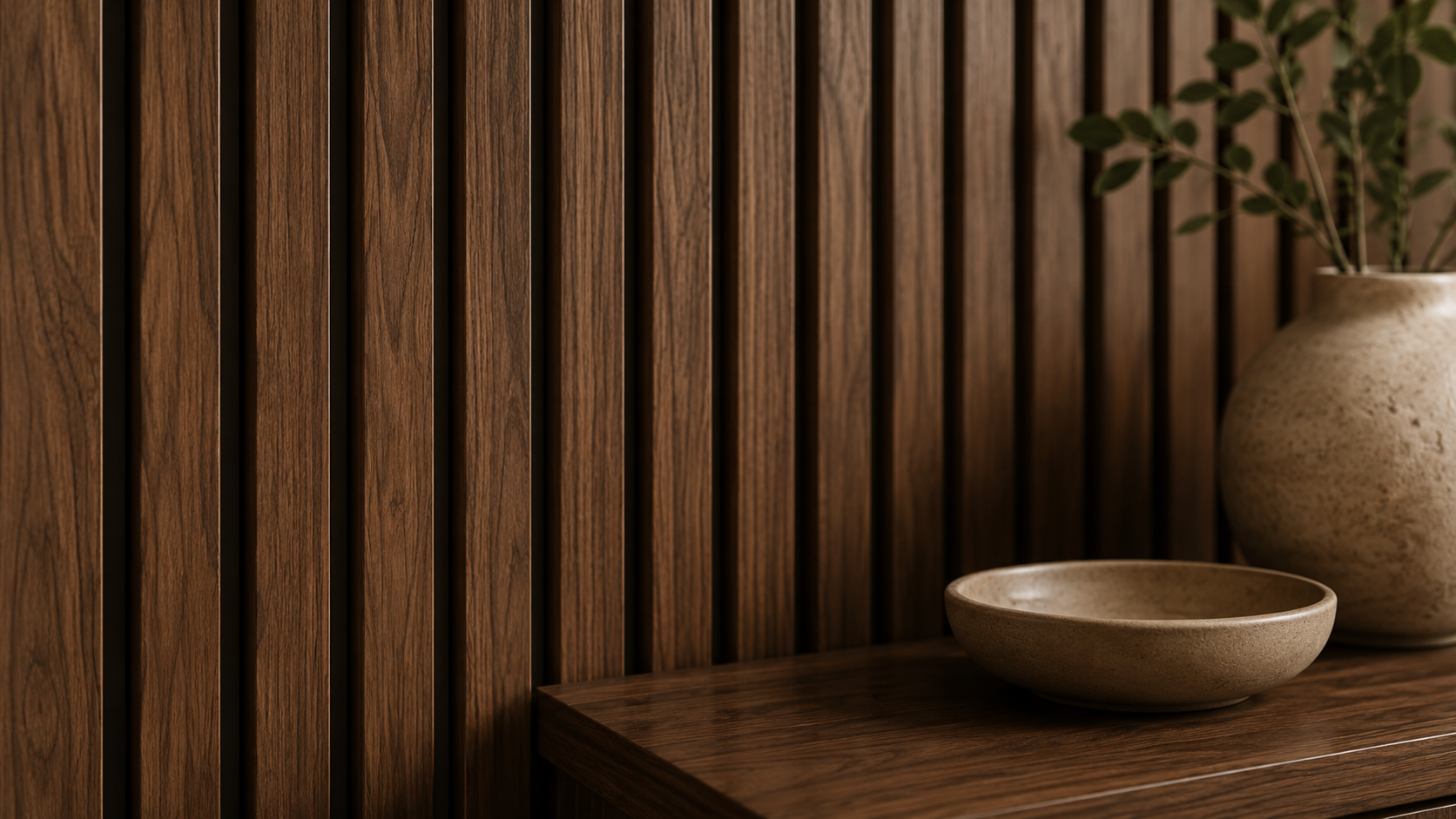 Wooden wall with vertical slats, a beige ceramic bowl, and a large beige vase with green foliage on a wooden surface.