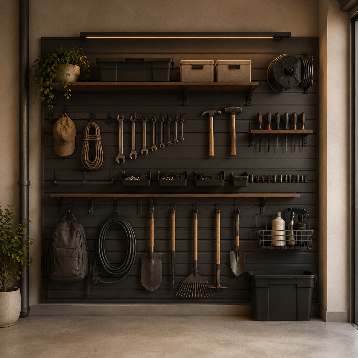 Garage wall organization with hanging tools, open shelving, storage bins, and everyday garage equipment.