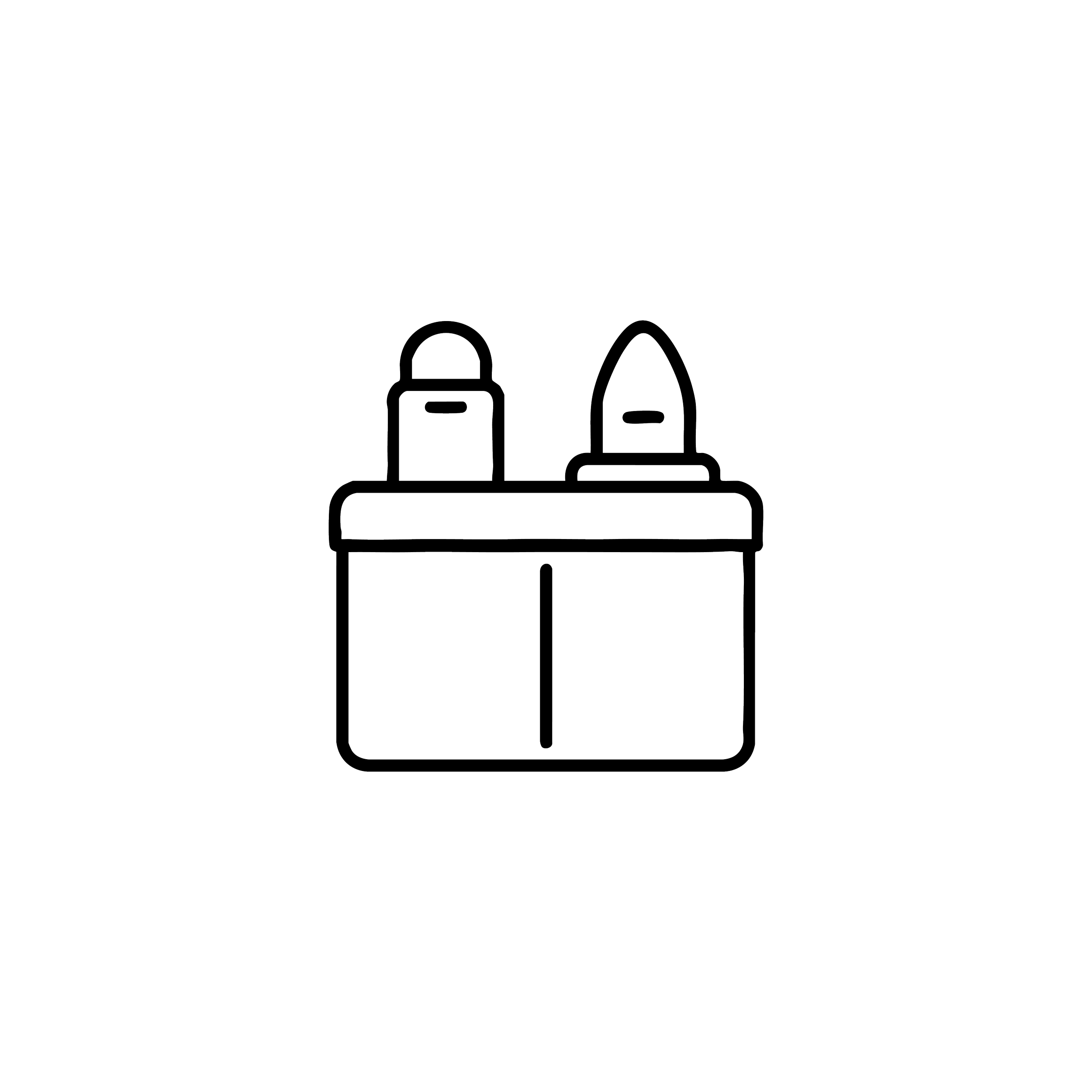 Black outline icon of kitchen storage and everyday kitchen items.