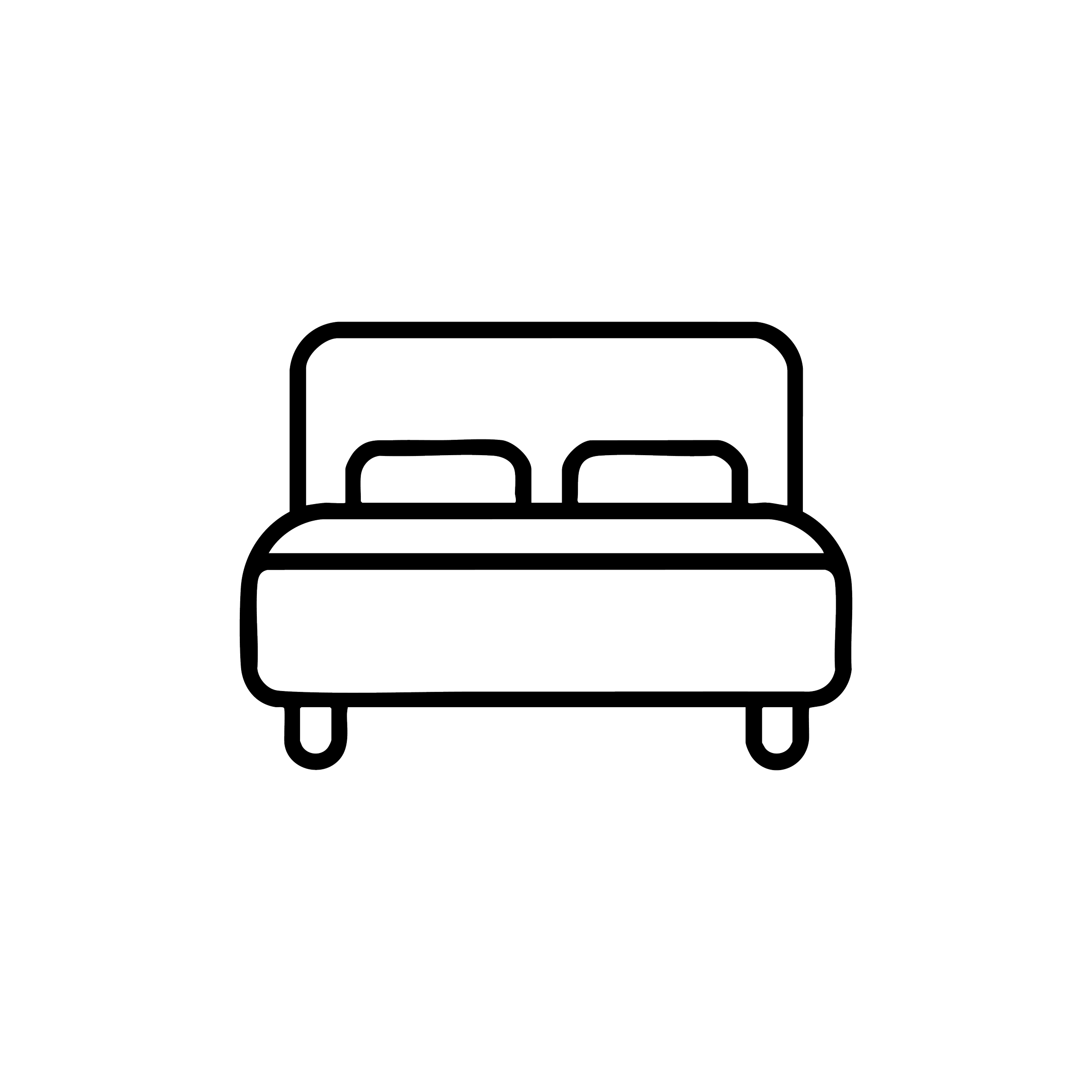 Line drawing of a bed with a headboard and a mattress on a simple frame.