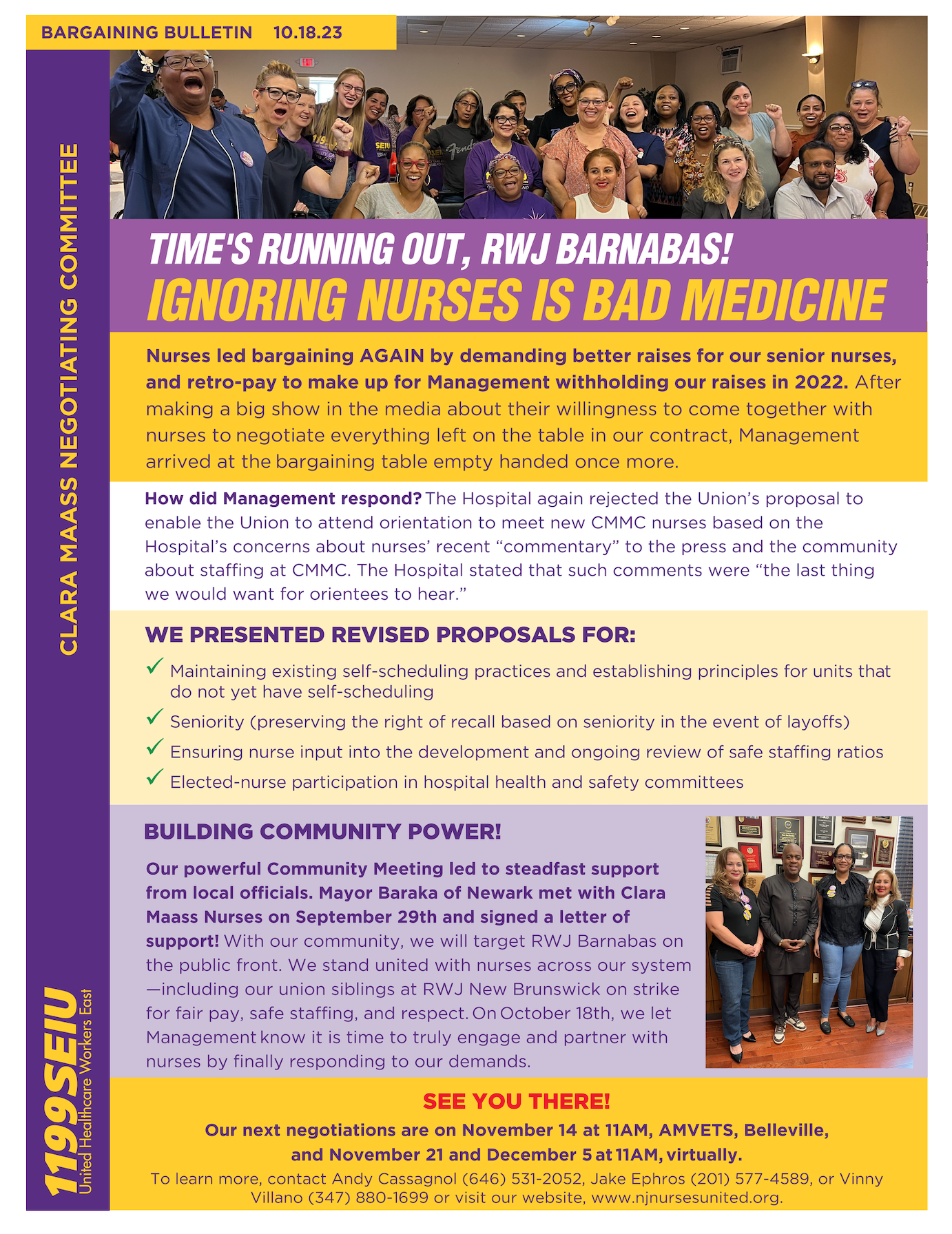 Ignoring Nurses is Bad Medicine! Read the Clara Maass Nurses United bargaining bulletin for the October 18th, 2023 session.