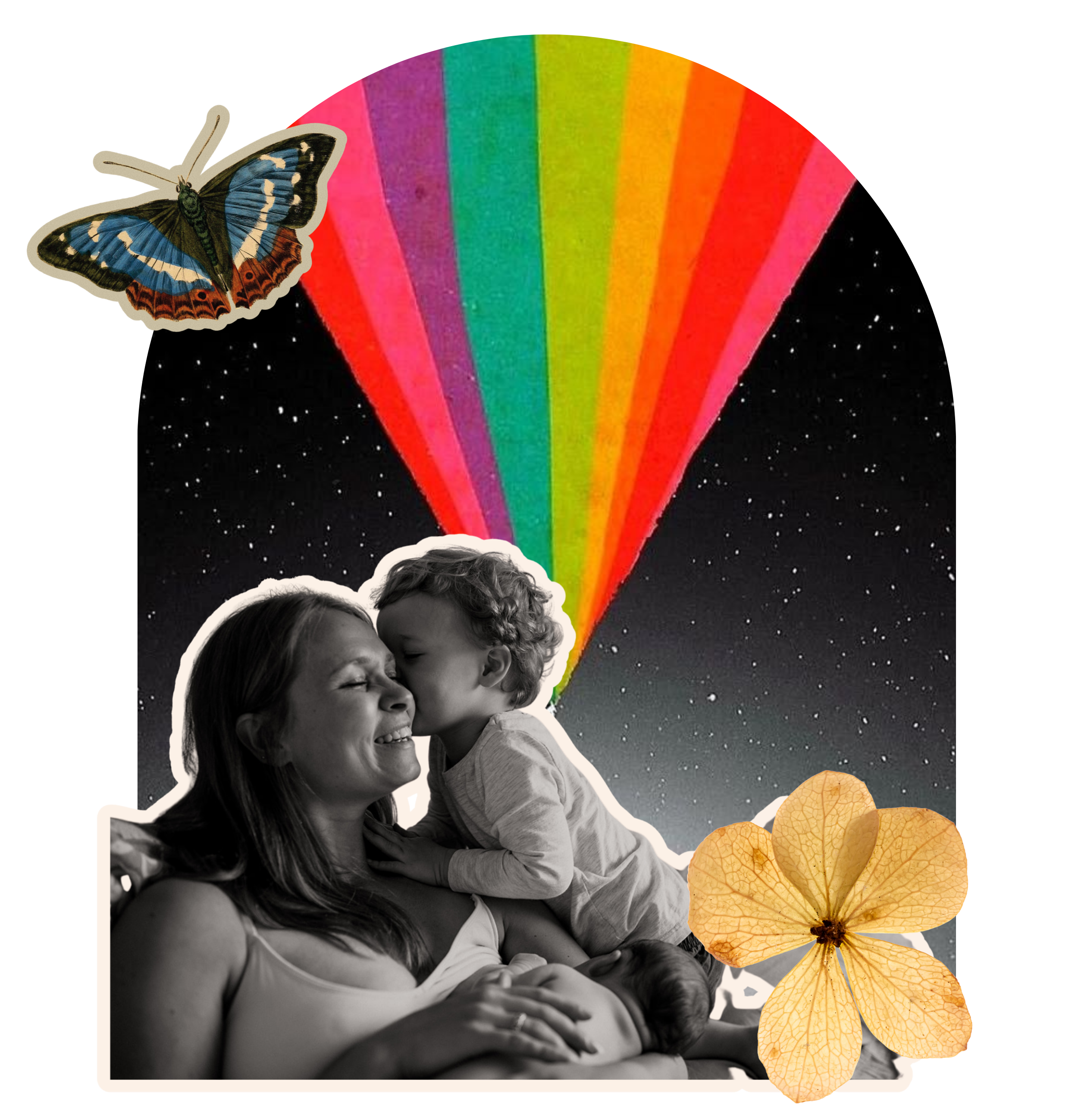 A black-and-white photo of a woman and a young boy sharing a kiss and a hug, with colorful rainbow stripes and a butterfly and a yellow flower overlaid in the background.