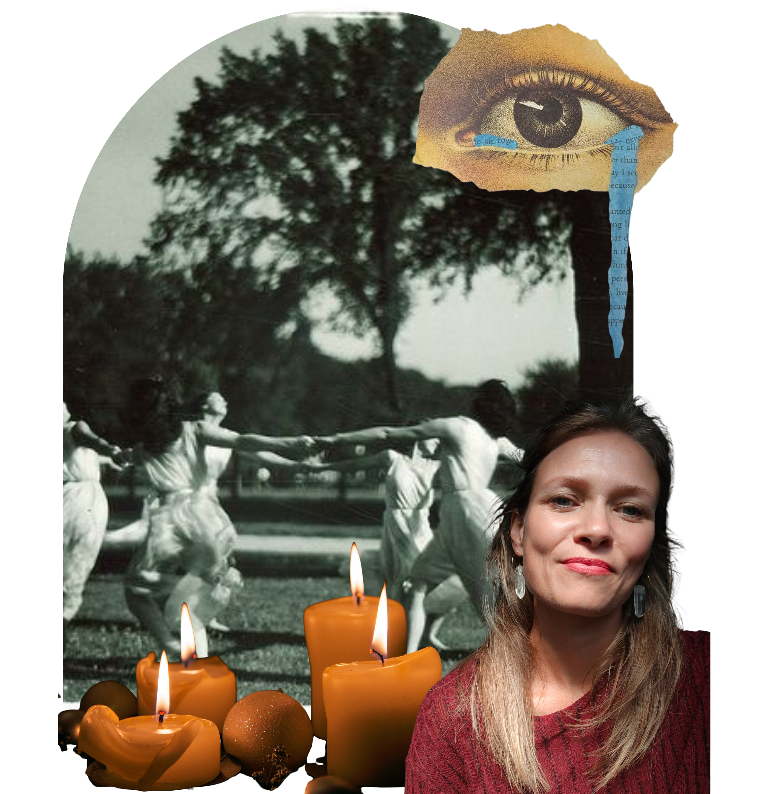 A collage featuring an eye collage, a person with blonde hair and red clothing, a burning candle, Christmas ornaments, and a calendar with candles. The background includes a blurred silhouette of a tree and a quote sourced from cut-out paper.
