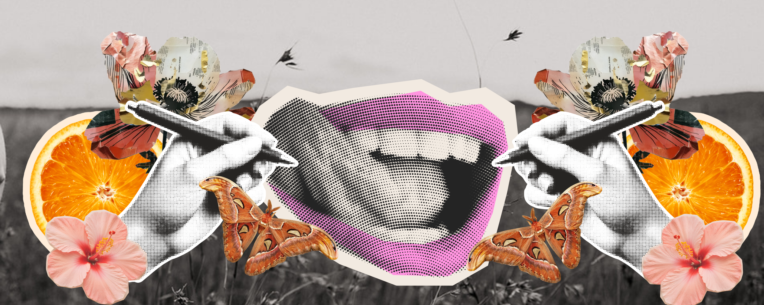 Collage with a black and white background featuring two stylized hands holding pens, a pink comic book superhero logo in the center, and vibrant elements including orange slices, pink hibiscus flowers, butterflies, and a paper butterfly collage.