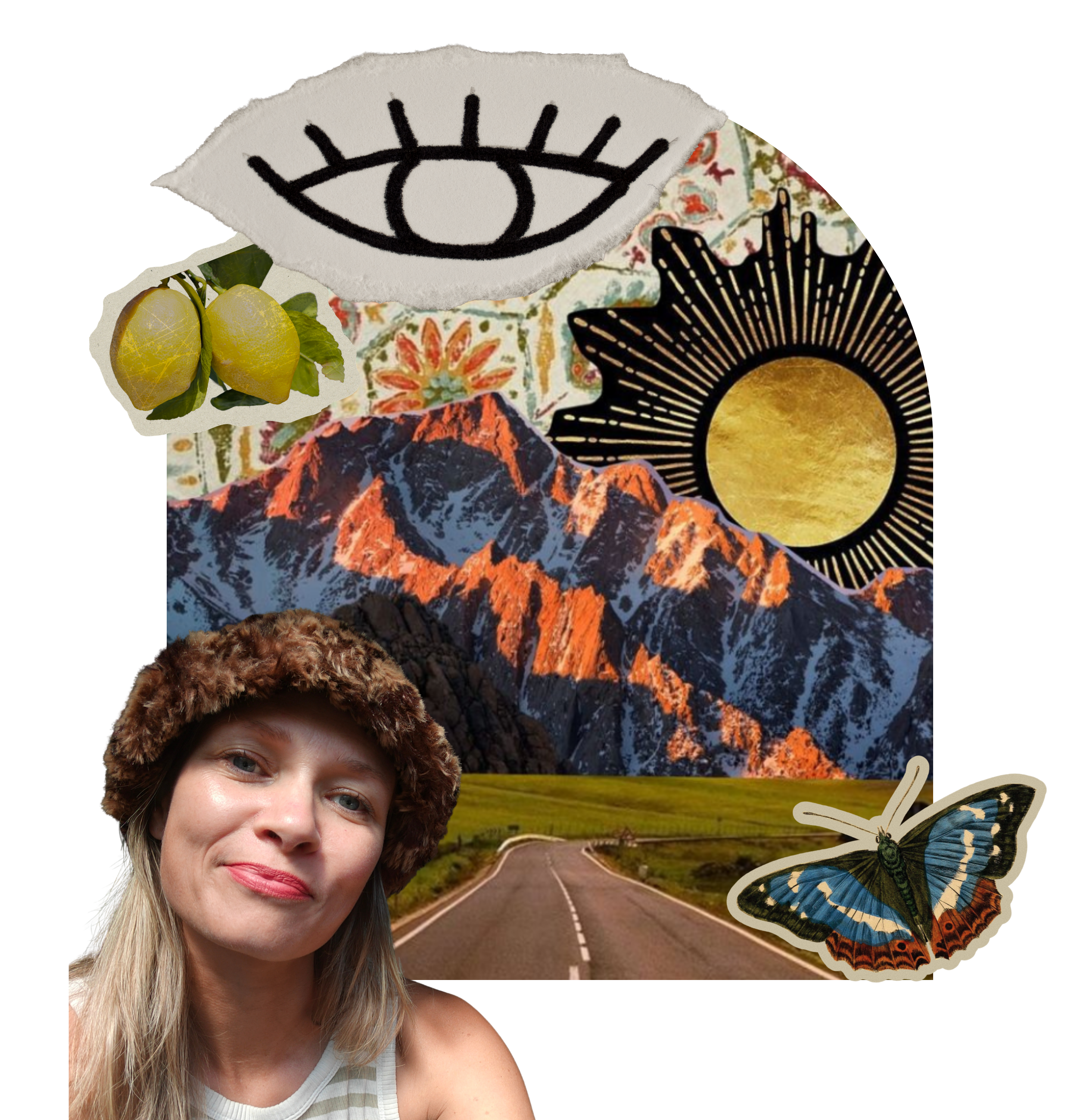 Collage with a woman's face, lemons, a rainbow, a mountain, a sun, a butterfly, and abstract patterns.