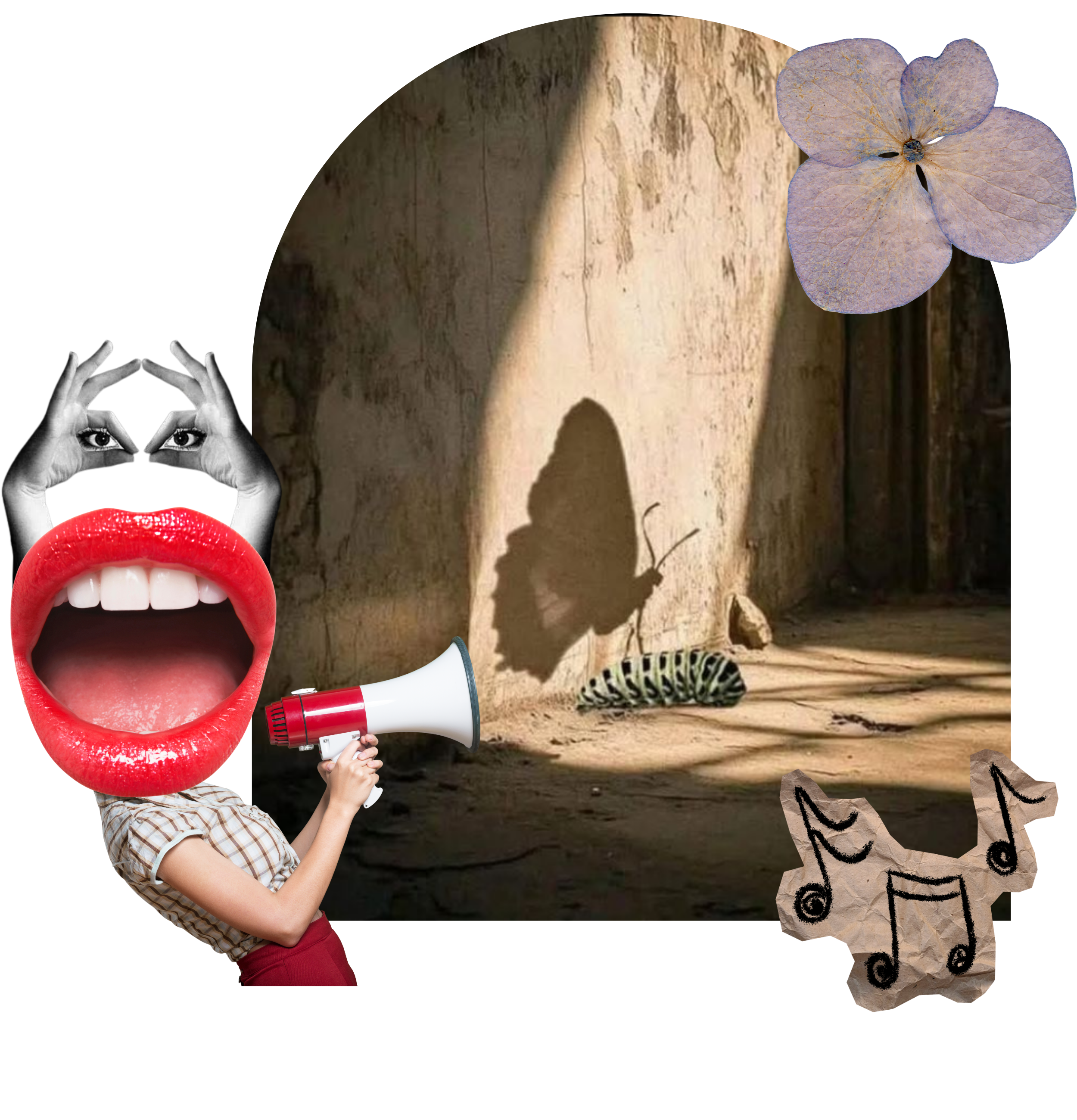 A young girl holding a white megaphone with a red handle stands in front of a textured stone wall. The girl's face is hidden behind a large, red, open-mouth graphic and an eye and eyebrow graphic, creating a collage effect. There are additional graphic elements, including hands forming a triangle, a purple hydrangea flower, a black silhouette of a butterfly, and torn paper with handwritten text that reads 'you are beautiful.'