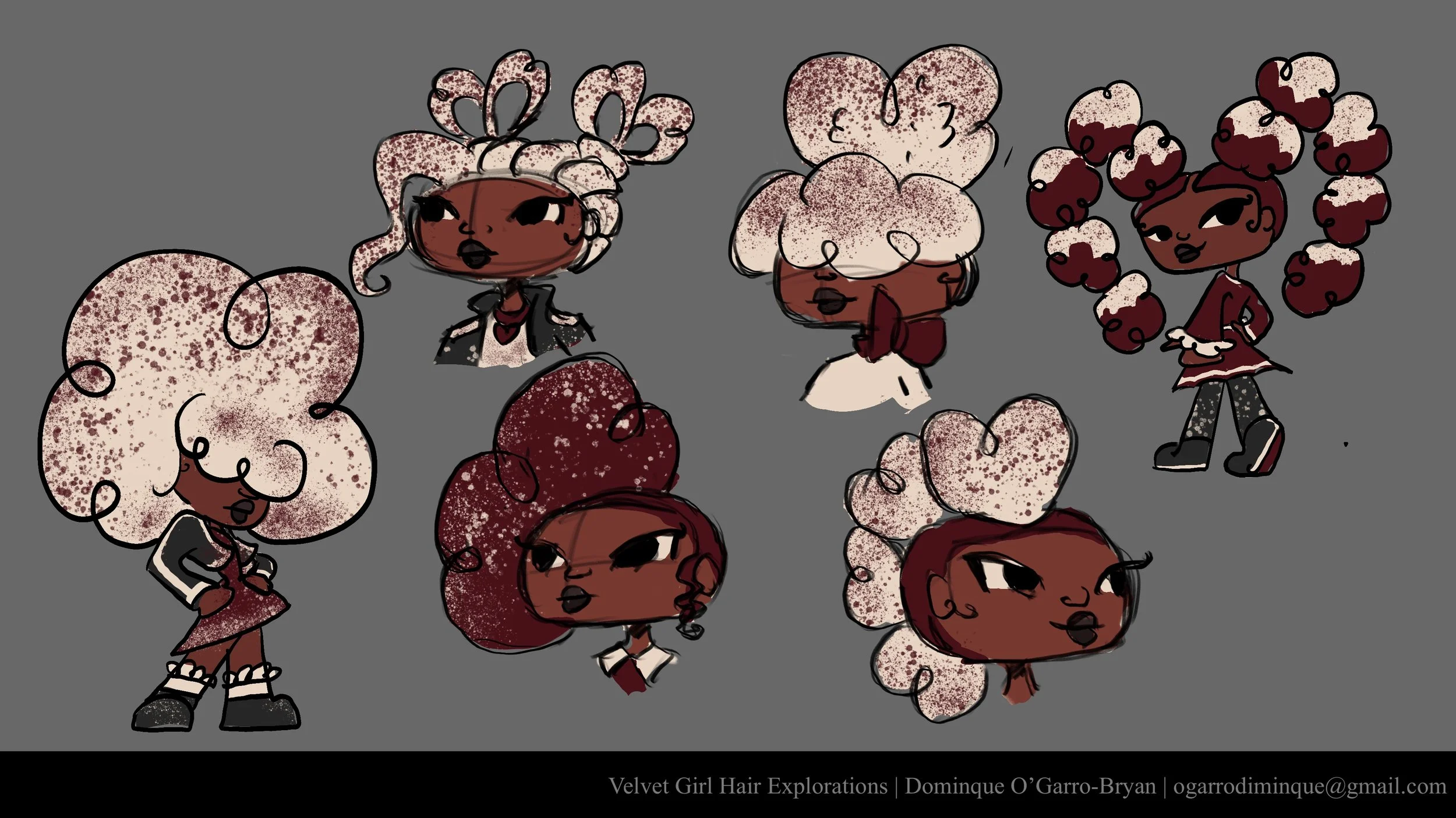 Illustrations of six cartoon girls with different hairstyles made of velvet fabric, showcasing various hair textures and styles, against a gray background.