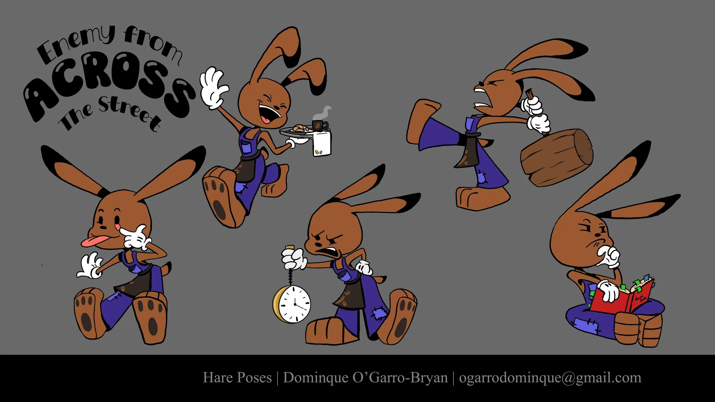 A cartoon of multiple rabbits in school uniforms expressing different emotions with the phrase "Enemy from Cross The Street" at the top.