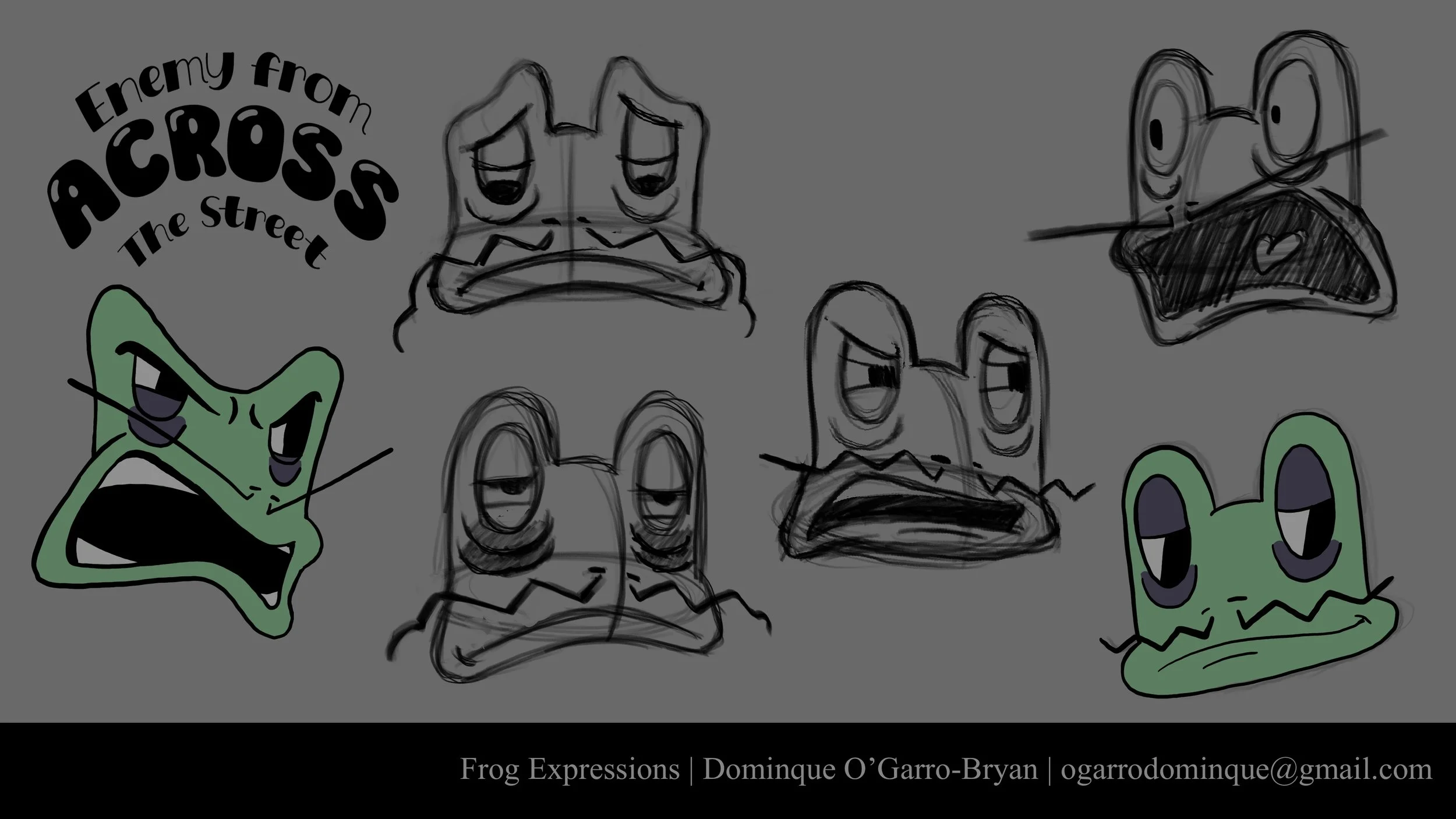 A collection of cartoon frog faces with various expressions on a gray background, artist credits, and a quote, 'Enemy from Across The Street'.