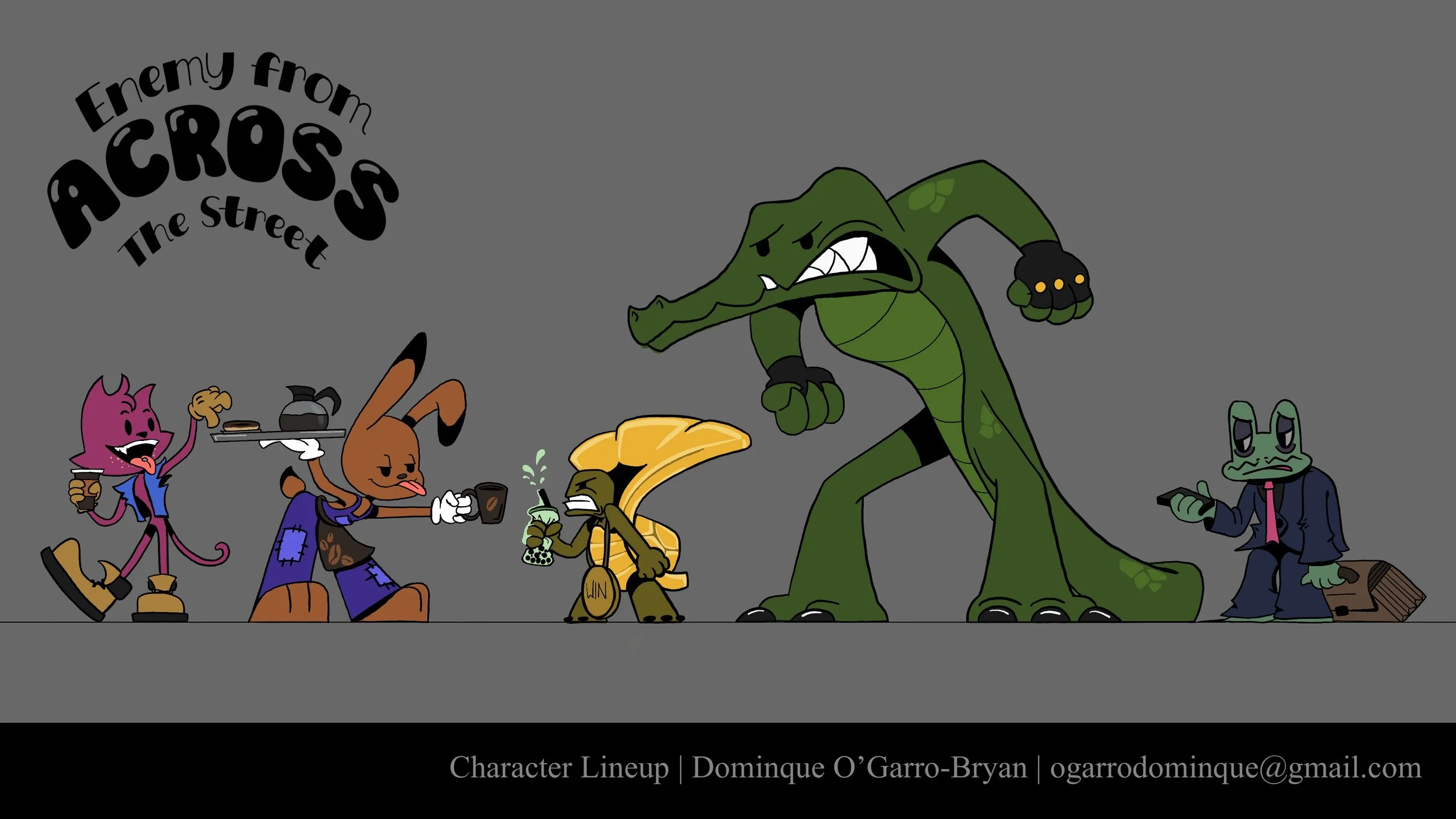 Cartoon characters resembling animals and a crocodile with an angry expression, lined up as if about to fight, with a text overlay reading 'Enemy from Cross the street' and a character lineup caption at the bottom.