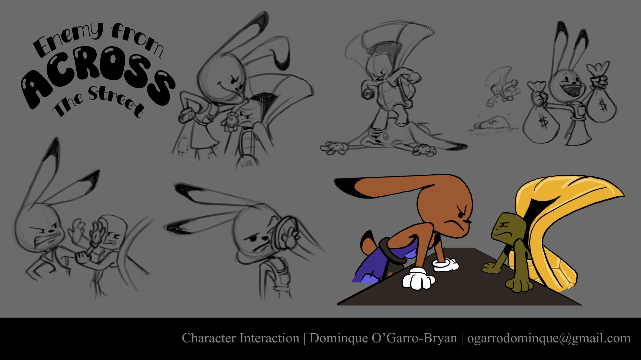 Sketches and a colored scene from a comic titled 'Enemy from Cross the Street' featuring cartoon bunnies and characters fighting over money.