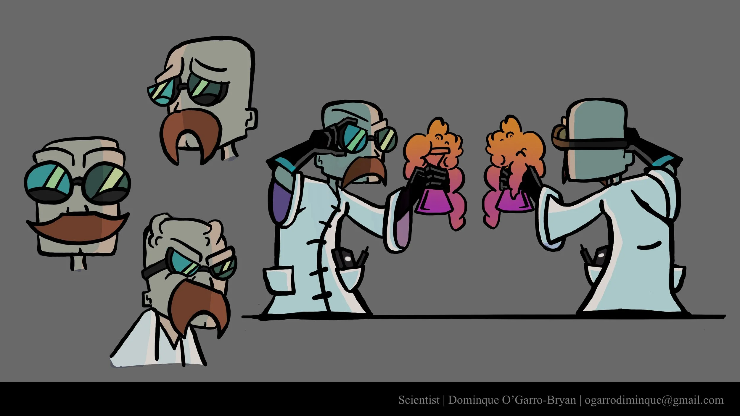 A digital drawing of two scientists wearing white lab coats and sunglasses, facing each other and holding up two small potted plants with pink and orange foliage.