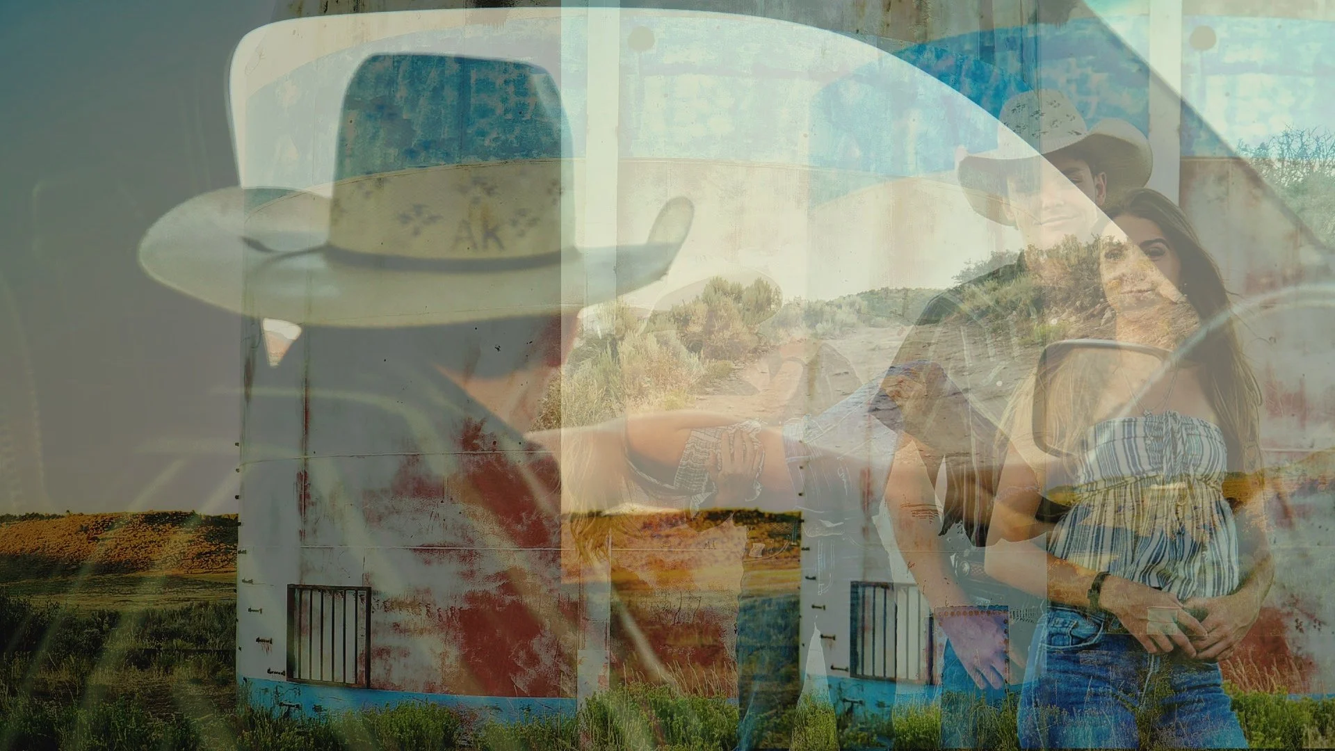 Double exposure photo of a couple holding hands in a field, superimposed with an image of a rural white building and a wide open landscape with hills and trees.