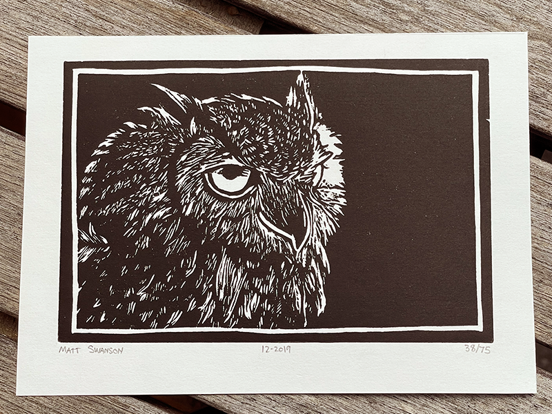 The Night Watchman -- Owl 5" x 7" hand-made linocut original art print