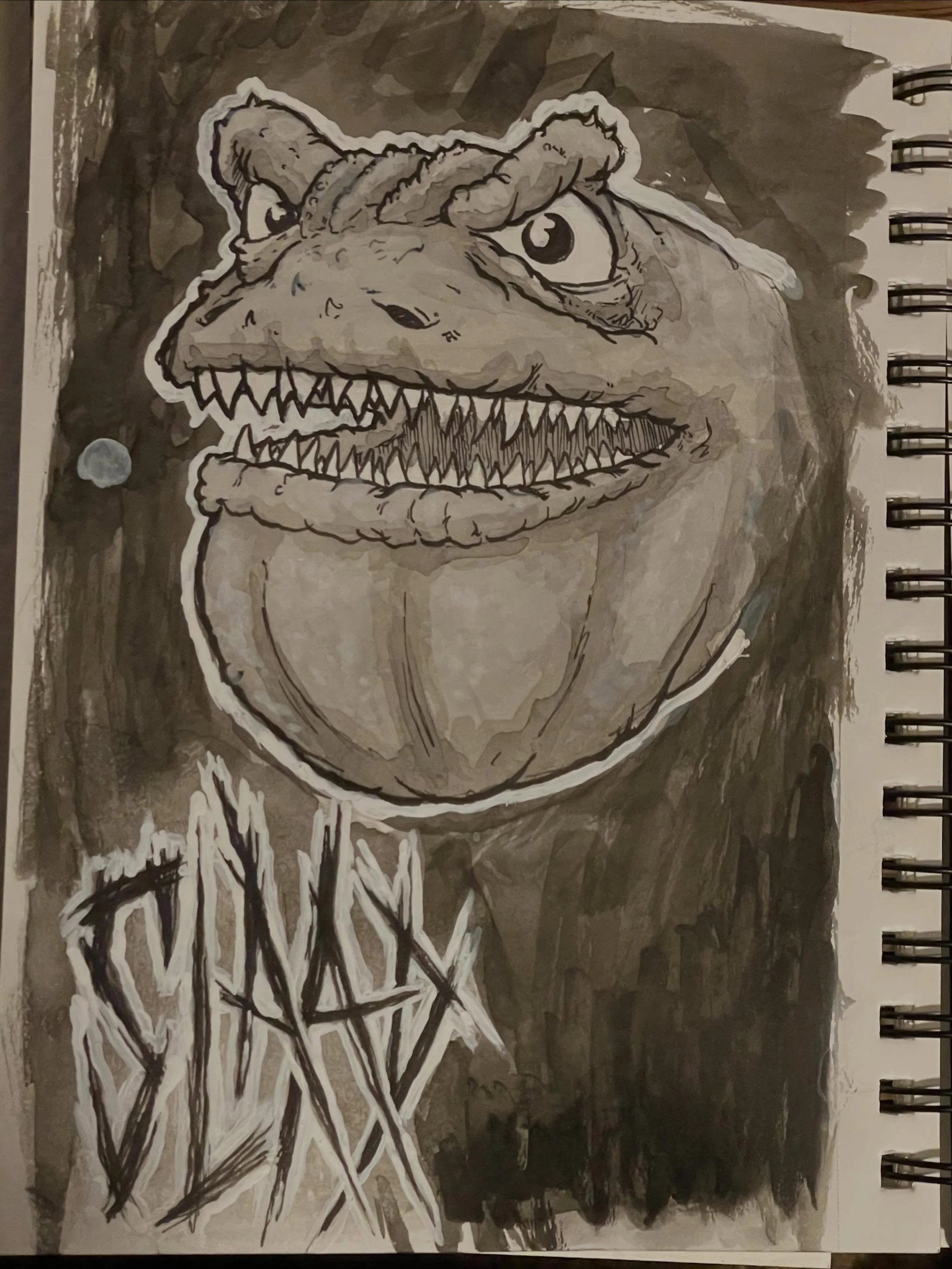 Another fun monster sketch from my sketchbook, using ink washes and acrylic white paints.