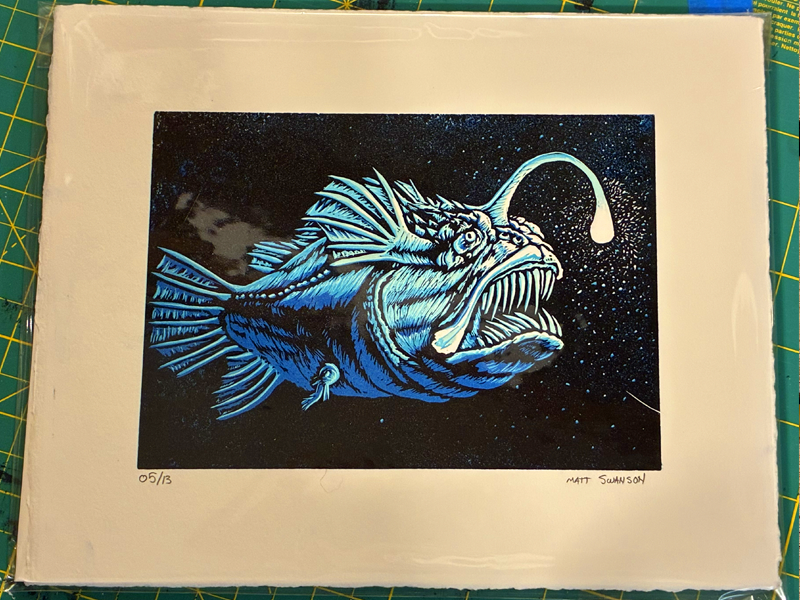 Abyssal Devotion -- five-layer reduction linocut print
