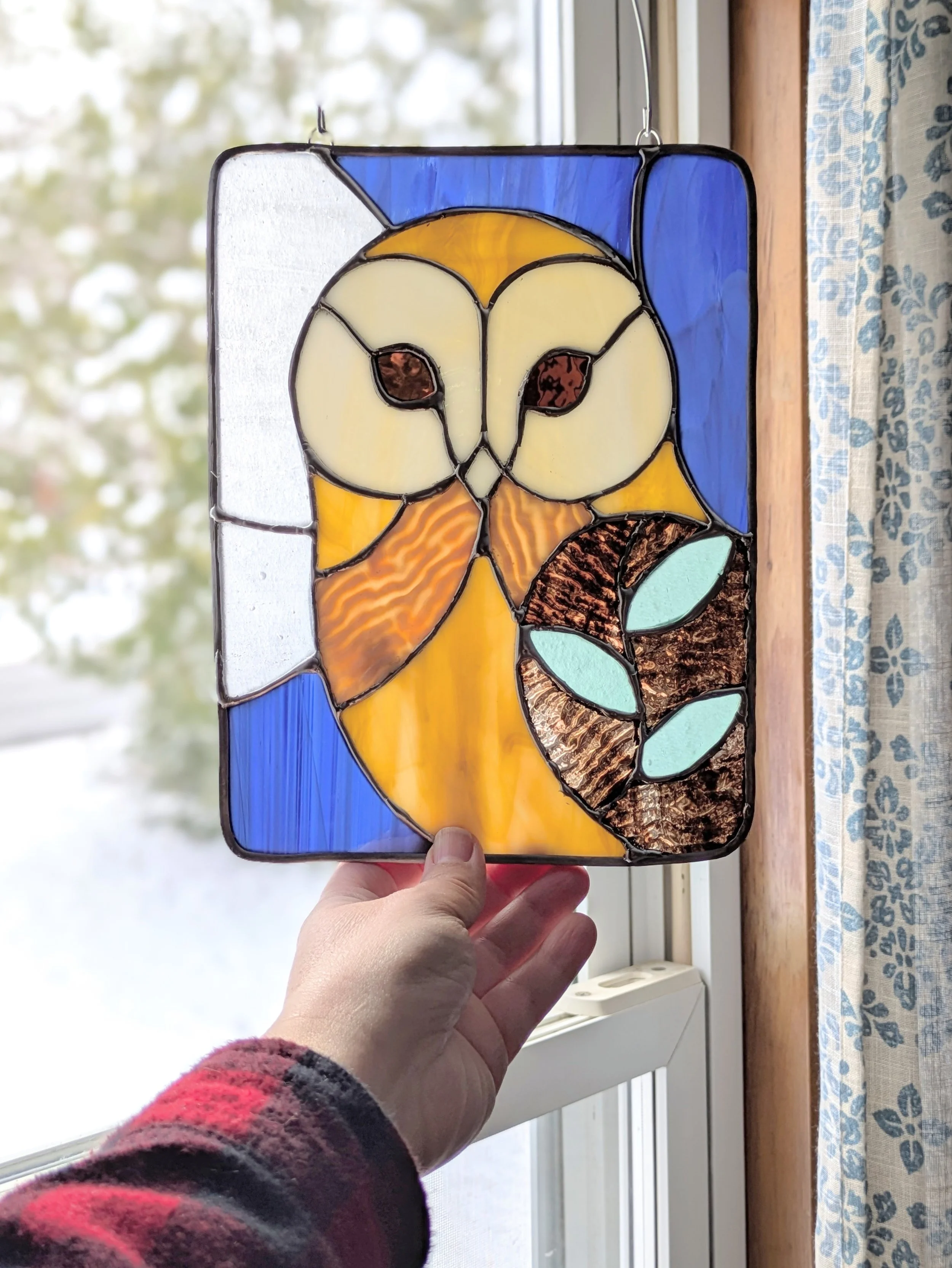 Stained Glass Botanical Barn Owl and Full Moon