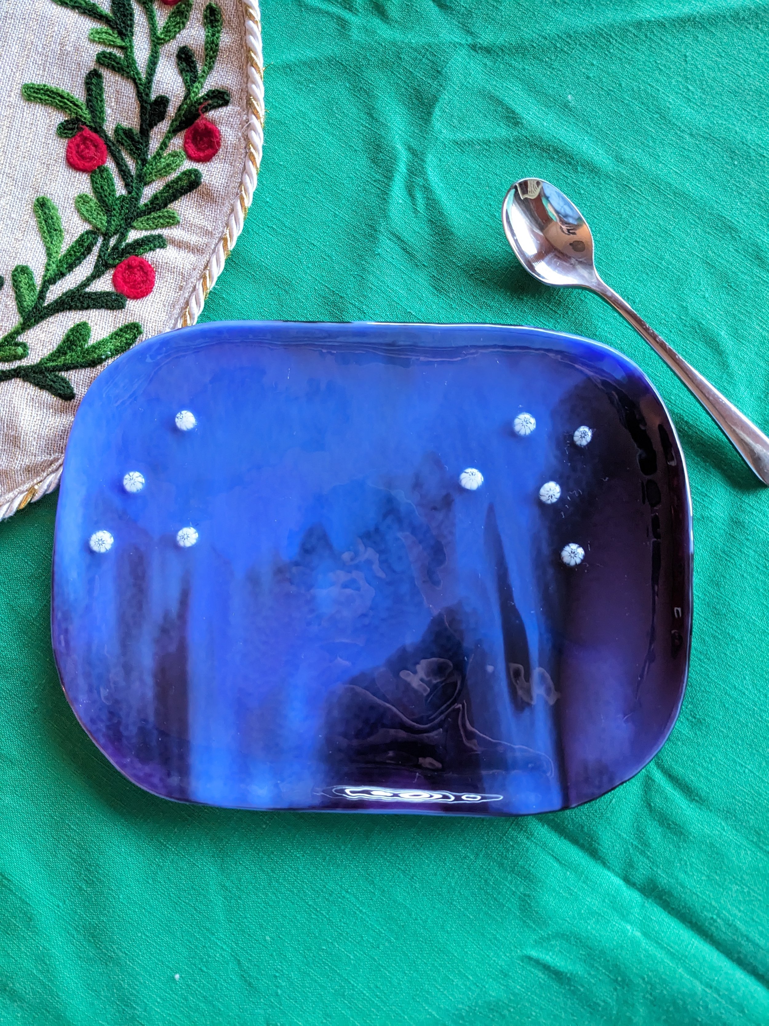 Night Sky with Snow Flakes Fused Glass Plate