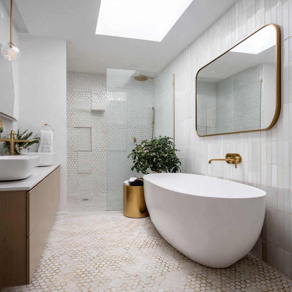 Modern bathroom with a white freestanding bathtub, gold fixtures, a large mirror, a vanity with a vessel sink, a walk-in shower with patterned tile, and a skylight.