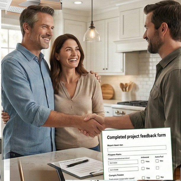 Two men shaking hands while a woman stands between them, smiling in a modern kitchen. A sign on the table reads 'Completed project feedback form.'