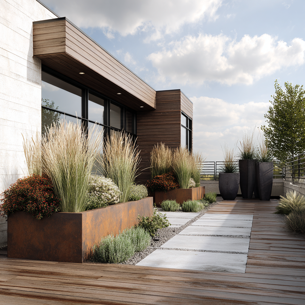 Modern rooftop patio with large planters filled with ornamental grasses and flowers, wooden deck, black planters, and railing against a partly cloudy sky.