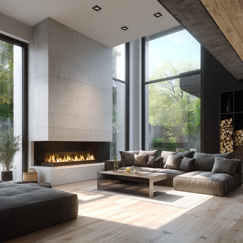 Modern living room with large windows, a fireplace, gray sectional sofa with pillows, a wooden coffee table with decorative items, and a view of green trees outside.