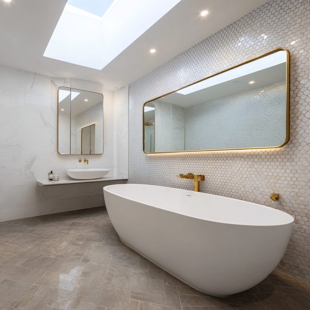 Modern bathroom with a freestanding bathtub, gold fixtures, large mirrors, marble walls, a skylight, and light gray tile flooring.